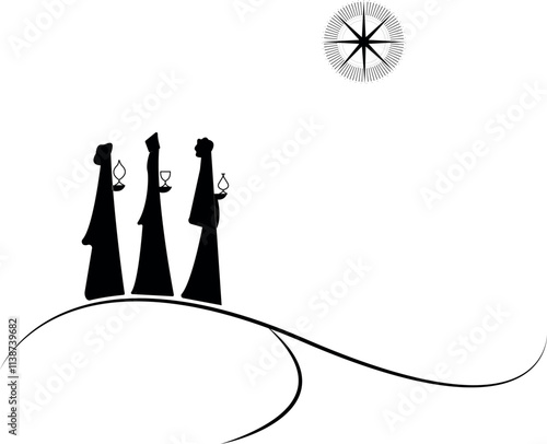 Three wise men following the star of bethlehem carrying gifts. Illustration, vector. Black and white