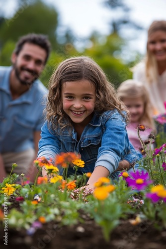 Family gardening activity with children planting flowers in a sunny outdoor s...