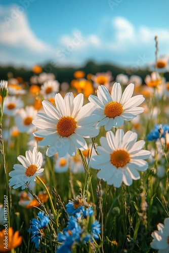 Colorful wildflower field under a bright sky with distant mountains in the ba...