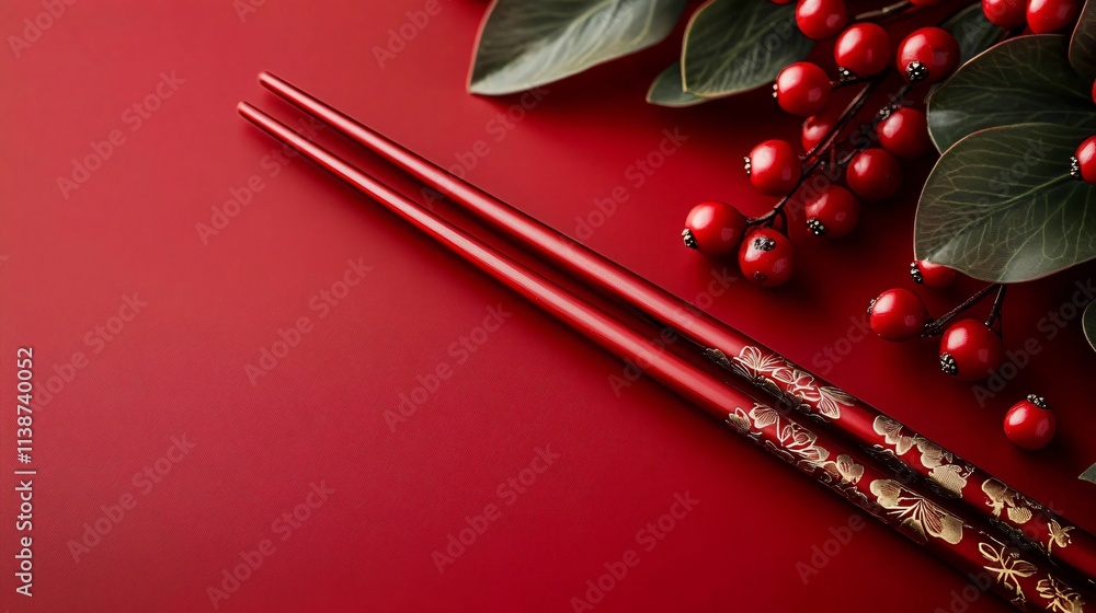 Elegant red chopsticks with intricate designs on a vibrant background, perfect for festive celebrations, cultural events, and Asian cuisine promotions. Elegant red chopsticks with intricate designs on a vibrant background, perfect for festive celebrations, cultural events, and Asian cuisine promotions.