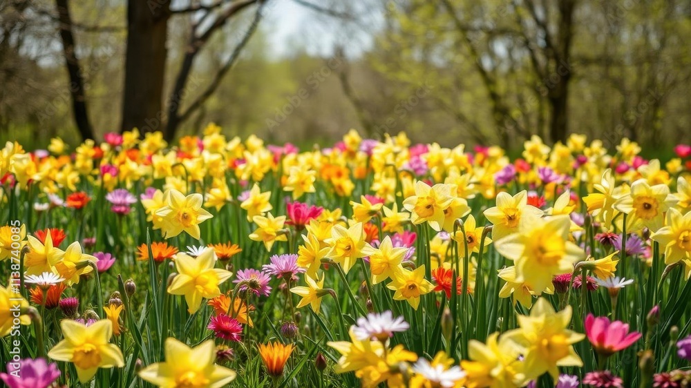 Vibrant daffodil flowers blooming in a lush green field under the warm sun, flora, growth, nature Vibrant daffodil flowers blooming in a lush green field under the warm sun, flora, growth, nature