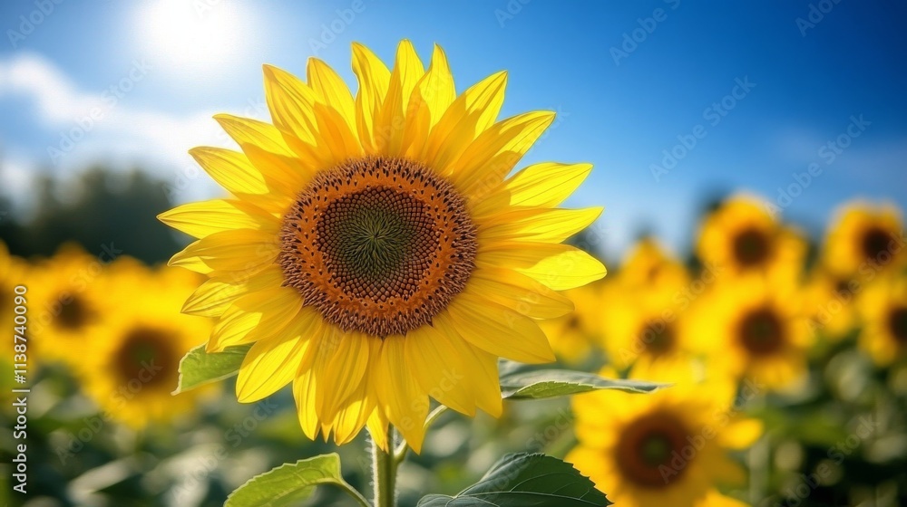 Fototapeta premium Vibrant field of sunflowers under a bright sky in a mountainous landscape during summer