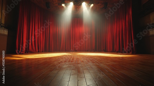 Spotlight shining on stage with red curtains in an empty theatre setting