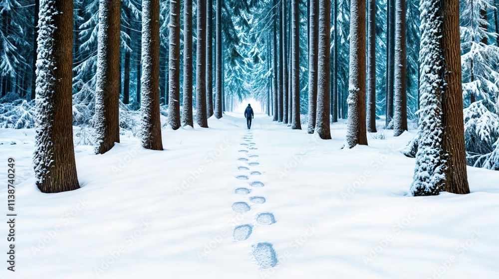 Man walking through snow-covered forest with footprints in winter landscape surrounded by tall trees