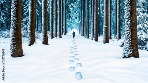 Obraz na płótnie Man walking through snow-covered forest with footprints in winter landscape surrounded by tall trees
w salonie