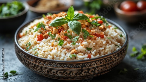 Nutritious grain dish featuring pine nuts and vegetables on a rustic wooden t...