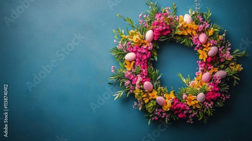 Colorful easter eggs surrounded by vibrant flowers in a spring garden
