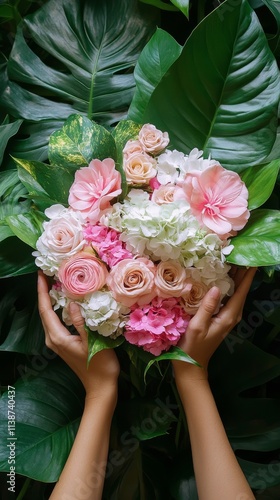 Beautiful bouquet of pastel flowers held against lush green leaves in natural...