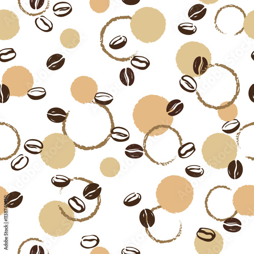 Seamless abstract coffee pattern with doodle coffee beans and circles