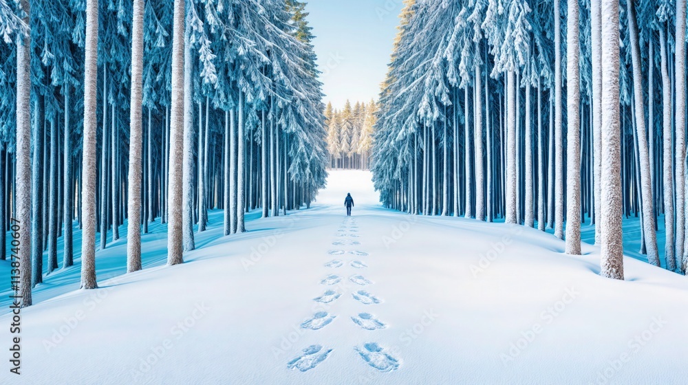 Snowy forest landscape with person walking alone on fresh snow path between tall frost-covered trees