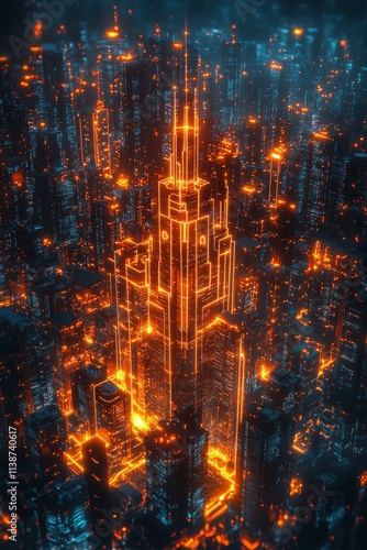 Futuristic city skyline at night illuminated with glowing orange lights and s...