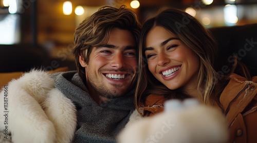 Joyful couple exchanging a gift during a festive holiday celebration at night
