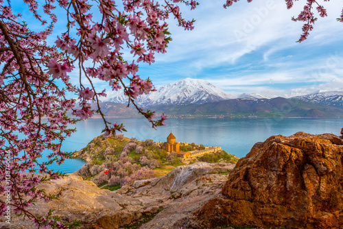 Akdamar Island in Van Lake. The Armenian Cathedral Church of the Holy Cross - Akdamar, Turkey
