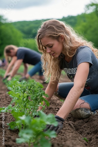 Young adults cultivating crops in a lush field during a cloudy day