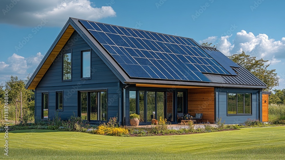 Modern eco friendly house with solar panels and large windows in a rural setting Modern eco friendly house with solar panels and large windows in a rural setting