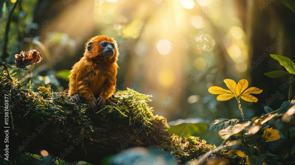 A golden lion tamarin climbing a branch in a vibrant jungle, with sunlight streaming through the canopy.