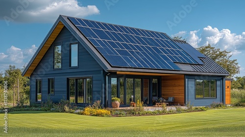 Modern eco friendly house with solar panels and large windows in a rural setting