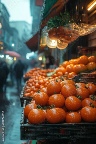 Fresh tomatoes and yellow fruits displayed at a market during rainy weather