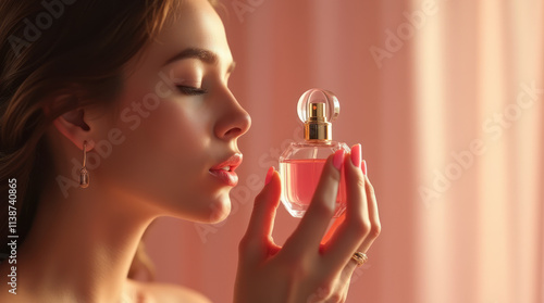 Woman Enjoying the Scent of a Delicate Pink Perfume in a Serene Setting