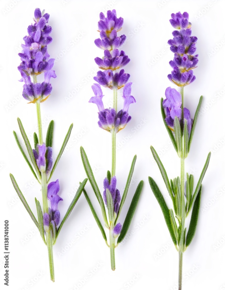 Obraz premium Fresh lavender sprigs with vibrant purple flowers and green leaves arranged on a clean white background, ideal for beauty and wellness concepts