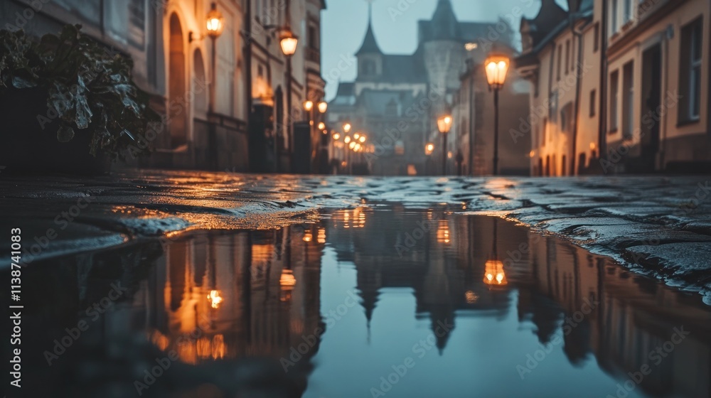 Cobblestone street with reflections in puddle at dusk. Cobblestone street with reflections in puddle at dusk.