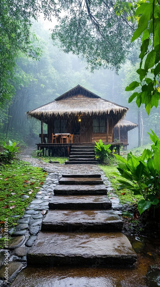 Rainy Day Tranquility: Serene Wooden House Amidst Lush Bamboo Forest Rainy Day Tranquility: Serene Wooden House Amidst Lush Bamboo Forest