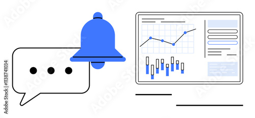 Notification bell and speech bubble beside analytics dashboard with graphs, bar charts, and data tables. Ideal for business analytics, notifications, project management, data analysis, digital