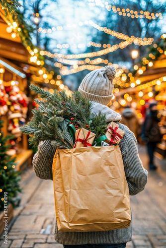 Person in winter clothing holding bag full of Christmas gifts and pine branches at festive holiday market  

