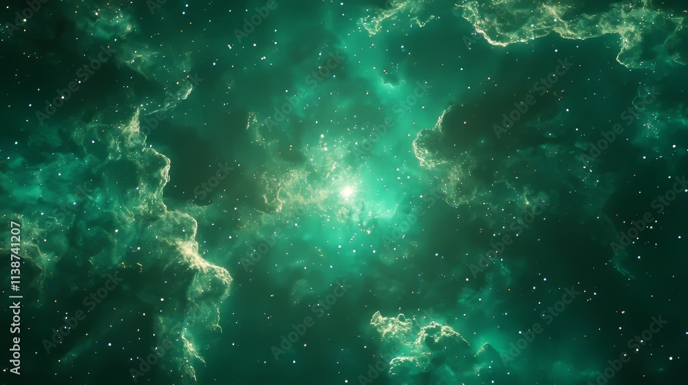 Obraz premium A vibrant cosmic scene filled with stars and green nebulae.