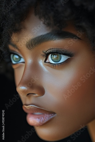 Woman with curly hair and striking blue eyes shows freckles during natural li...