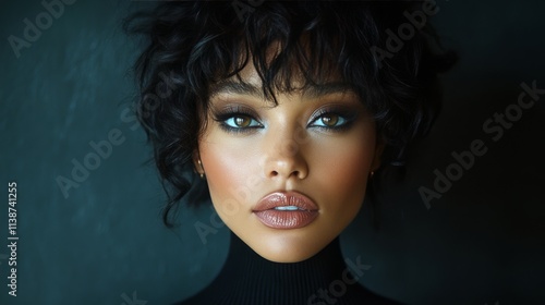 Close up of a model showcasing bold eyeliner and flawless makeup in natural l...