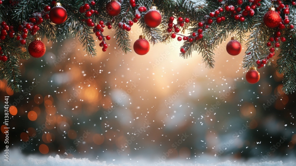 Christmas decorations with snow, festive atmosphere, and warm lights in the background Christmas decorations with snow, festive atmosphere, and warm lights in the background