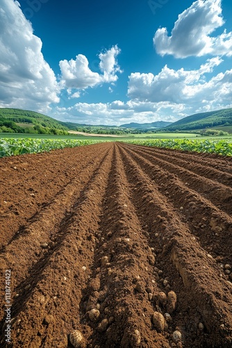 Lush green crop field stretches under a bright summer sky
