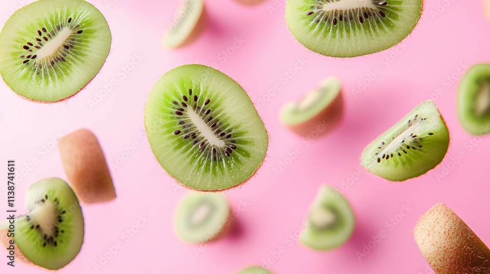 Fototapeta premium Slices of kiwi fruit falling against a pink background