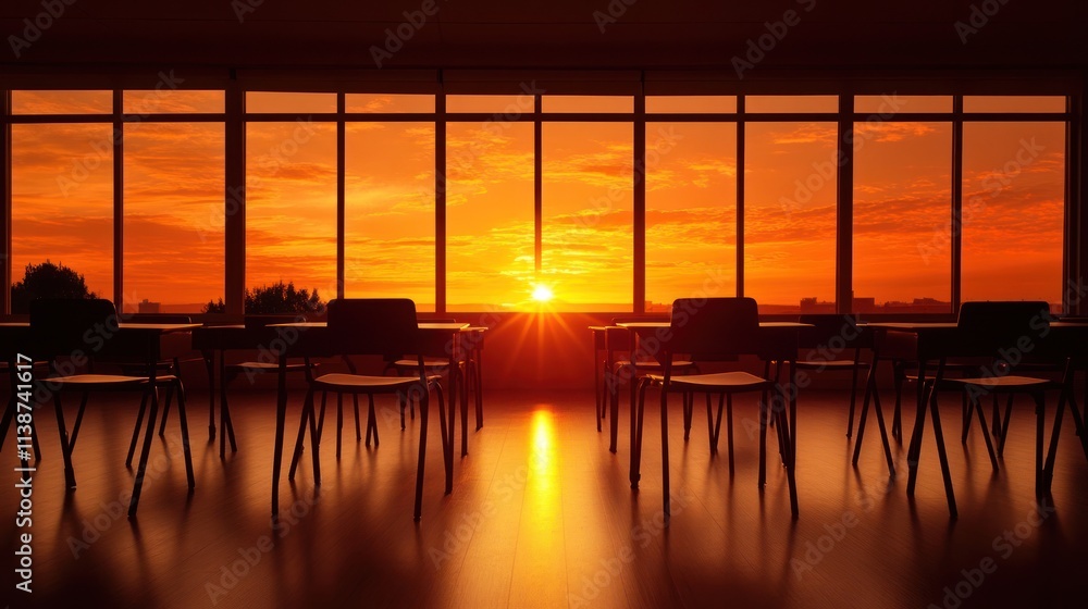 Sunset view from classroom with empty desks and chairs. (1) Sunset view from classroom with empty desks and chairs. (1)