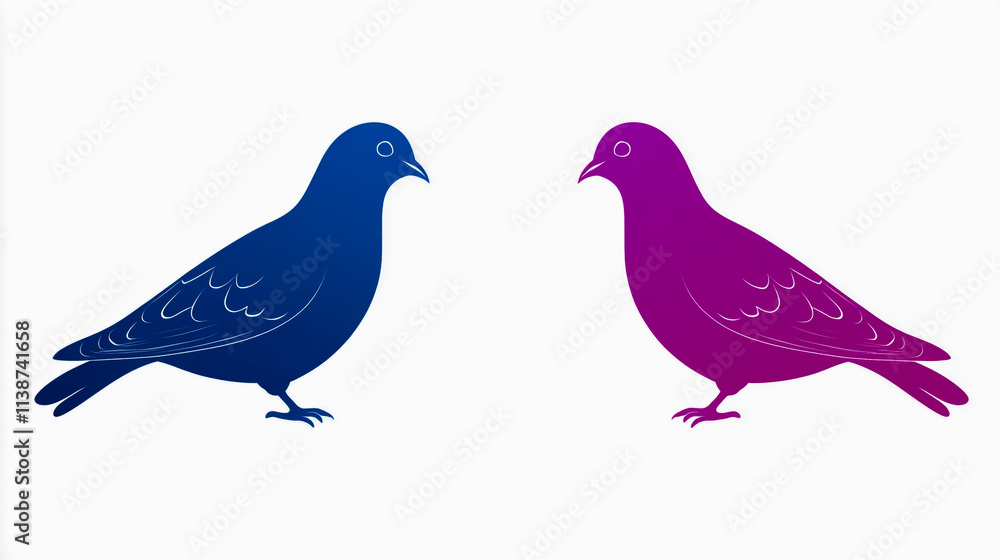Two Simple Flat Vector Pigeon Characters Facing Each Other, Blue and Purple on White Background Two Simple Flat Vector Pigeon Characters Facing Each Other, Blue and Purple on White Background