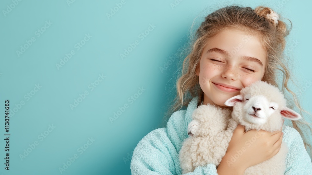 25 year old girl in a sleeping robe holds a cute little sheep against a bright background 25 year old girl in a sleeping robe holds a cute little sheep against a bright background