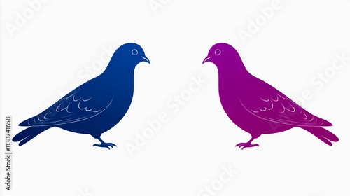 Two Simple Flat Vector Pigeon Characters Facing Each Other, Blue and Purple on White Background photo