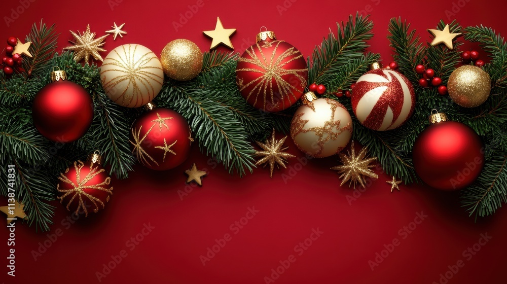 A vibrant red Christmas background adorned with gold ornaments, red baubles, glittering stars, and lush evergreen branches, creating a festive holiday atmosphere. A vibrant red Christmas background adorned with gold ornaments, red baubles, glittering stars, and lush evergreen branches, creating a festive holiday atmosphere.