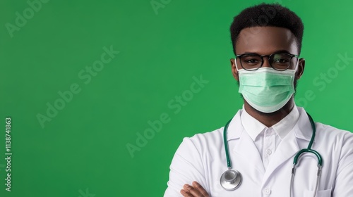 Health professional wearing a mask smiling against a green background suitable for creative designs photo