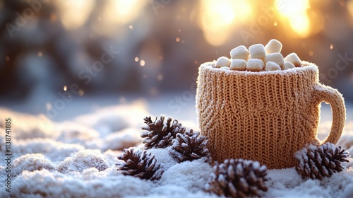 Comforting hot beverage with marshmallows on a snowy surface during winter su...