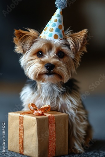 Happy dog celebrates birthday with festive hat and colorful decorations around