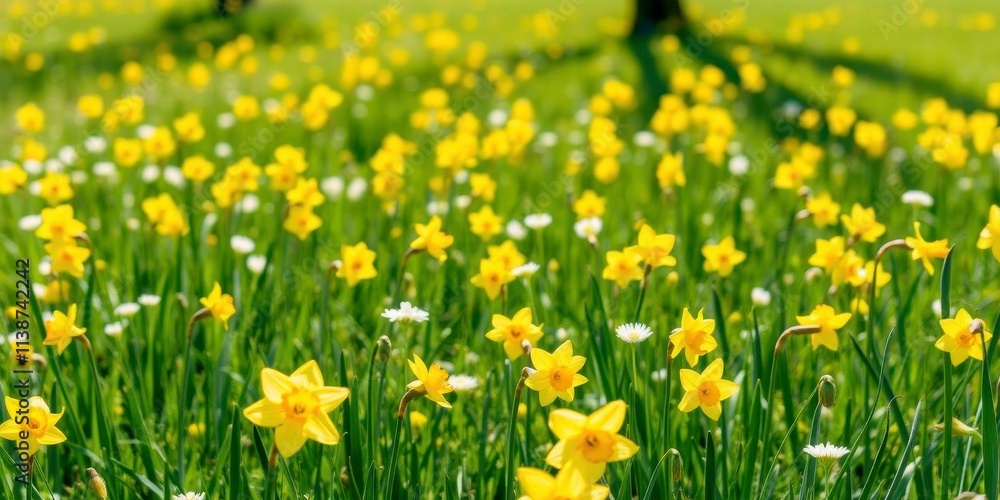 Vivid yellow daffodil flowers blooming in a lush green field under the bright sun, daffodil, bright Vivid yellow daffodil flowers blooming in a lush green field under the bright sun, daffodil, bright