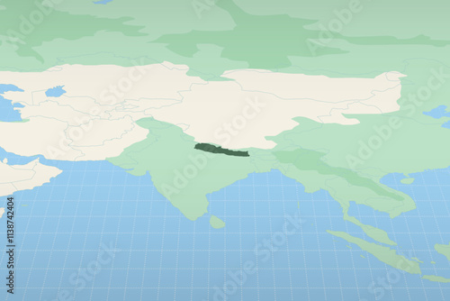 Nepal highlighted on a detailed map, geographic location of Nepal.