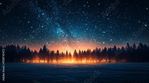 Snowfall at dusk with a glowing horizon and starry sky in a serene winter lan...