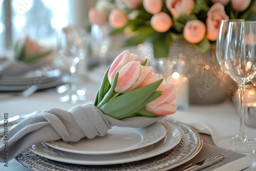 Elegant dinner table setting with pink tulips and soft candlelight ambiance