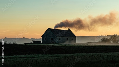 Sunrise over misty field with stone cottage emitting smoke from chimney.