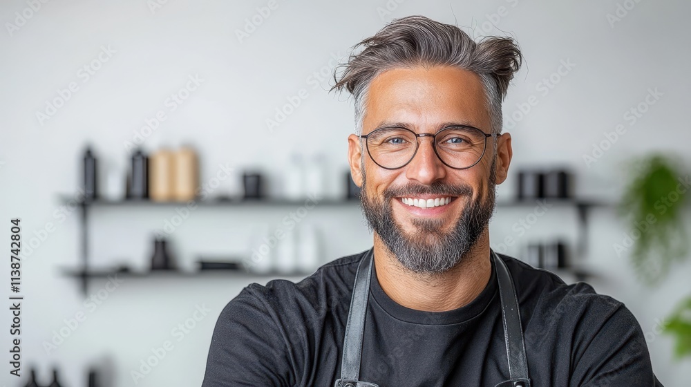 Smiling hairdresser holding scissors in a bright salon setting on a clear day Smiling hairdresser holding scissors in a bright salon setting on a clear day