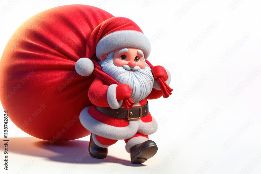 Santa Claus walks through the snow with a huge bag of gifts. Space for text. Santa Claus walks through the snow with a huge bag of gifts. Space for text.