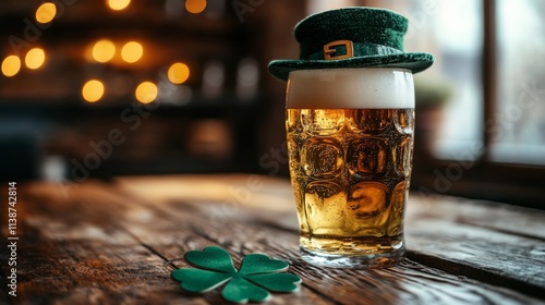 Green beer served in a pint glass with a top hat decoration at a lively pub d...